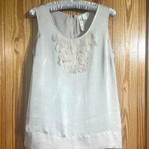 Adiva Satin Sleeveless Top / Shell Ruffle 3D Floral Appliqué Accent Ivory Fairy